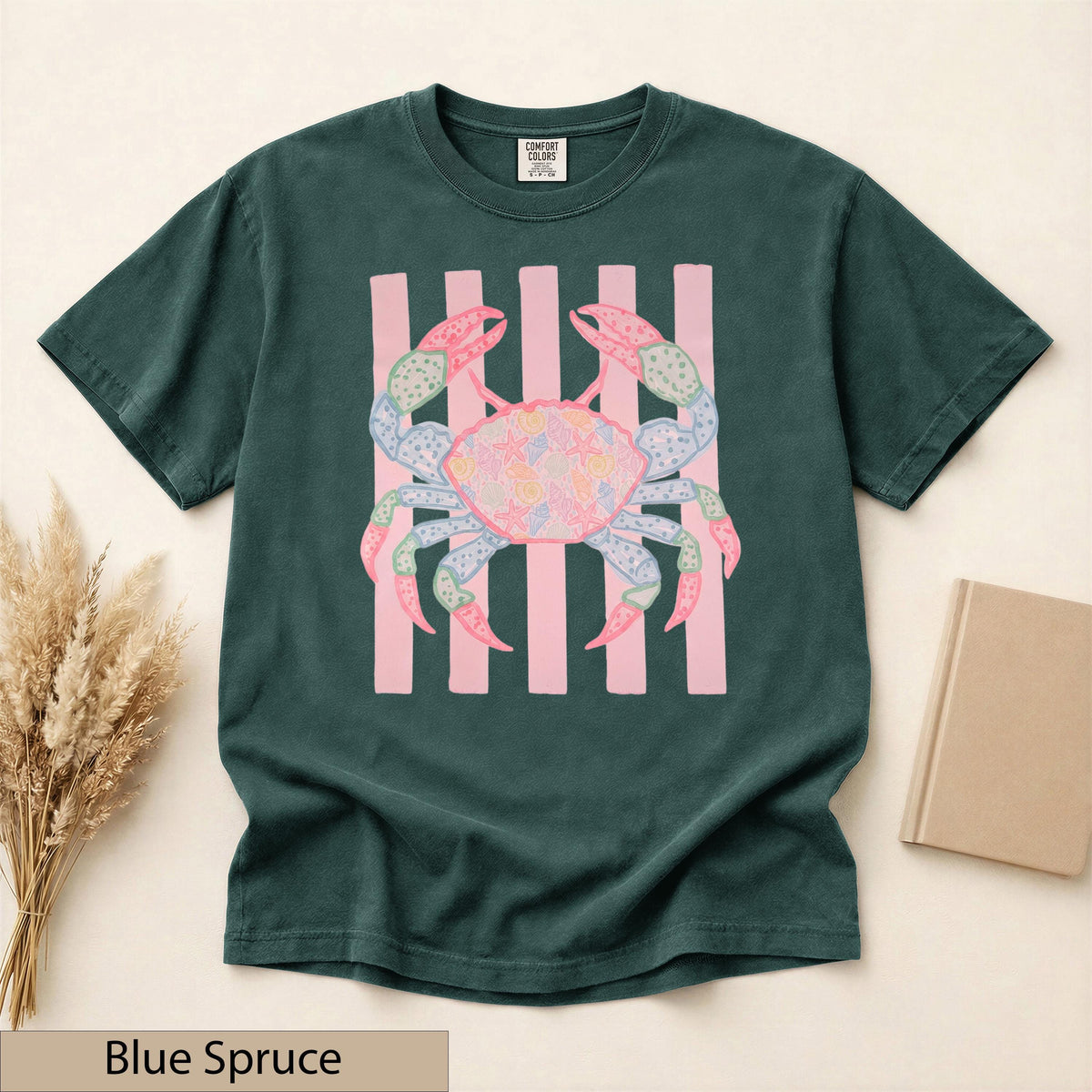 Preppy Coastal Crab Graphic Tee, Shell Starfish Patchwork, Pastel Pink Stripes, Summer Beach Shirt