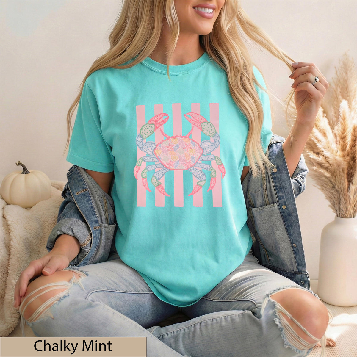 Preppy Coastal Crab Graphic Tee, Shell Starfish Patchwork, Pastel Pink Stripes, Summer Beach Shirt