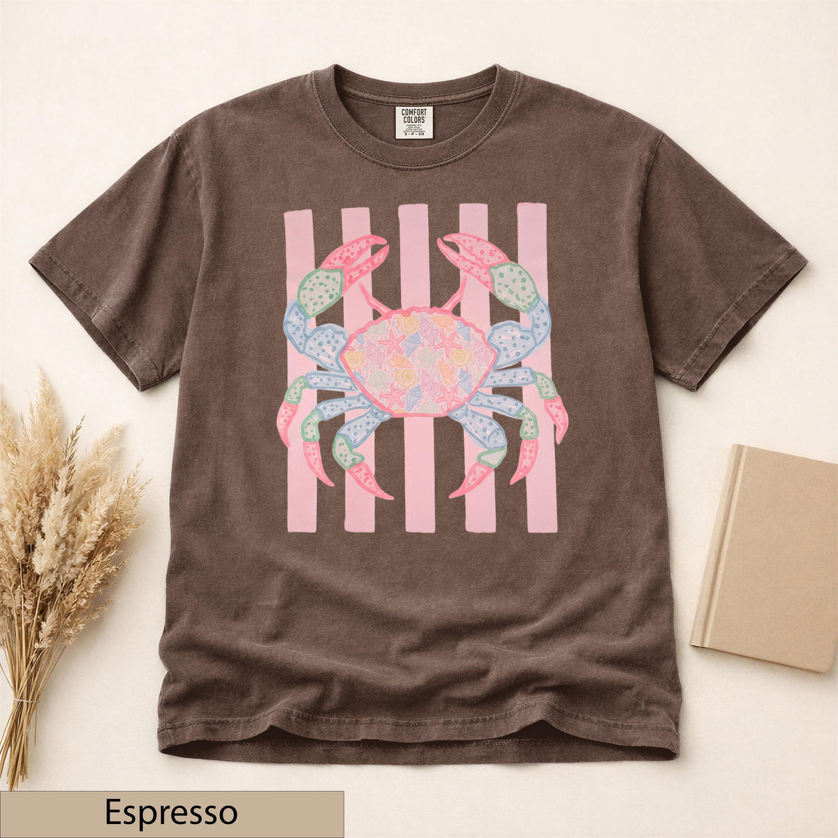 Preppy Coastal Crab Graphic Tee, Shell Starfish Patchwork, Pastel Pink Stripes, Summer Beach Shirt