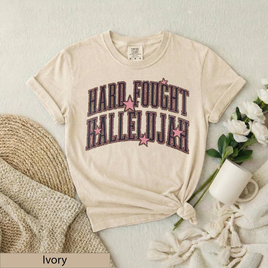 Hard Fought Hallelujah Shirt, Faux Gold Glitter Varsity Graphic Tee, Pink Star Praise Top