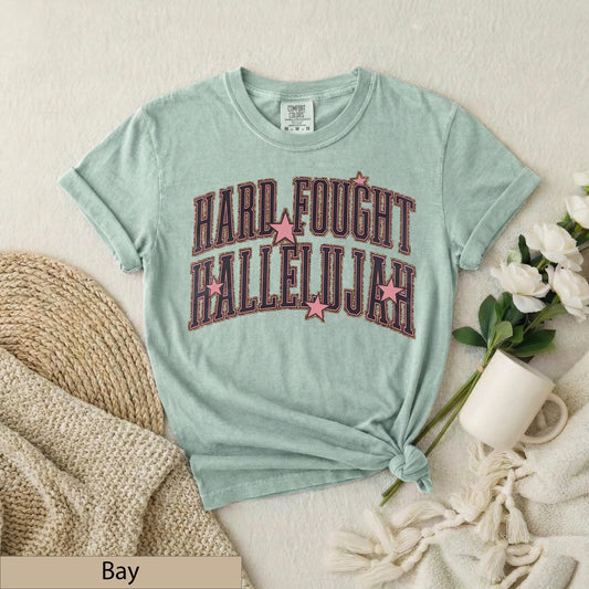 Hard Fought Hallelujah Shirt, Faux Gold Glitter Varsity Graphic Tee, Pink Star Praise Top