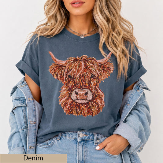 Faux Sequin Highland Cow Shirt, Western Mama Graphic Tee