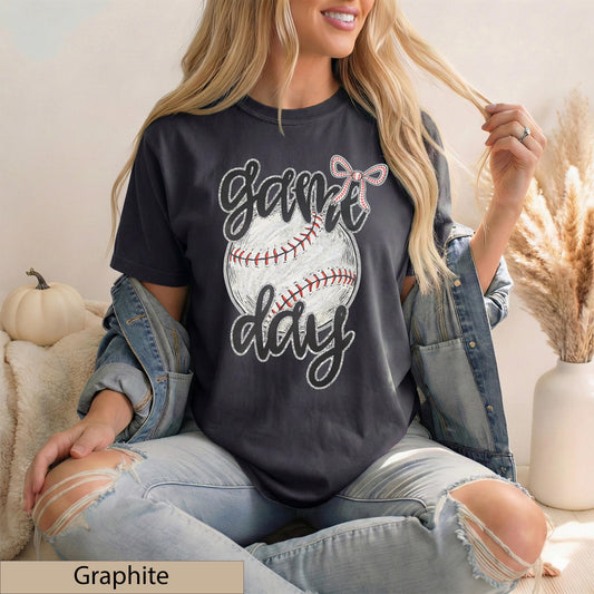 Game Day Baseball Tee, Coquette Bow Graphic, 100% Cotton Comfort Colors Shirt