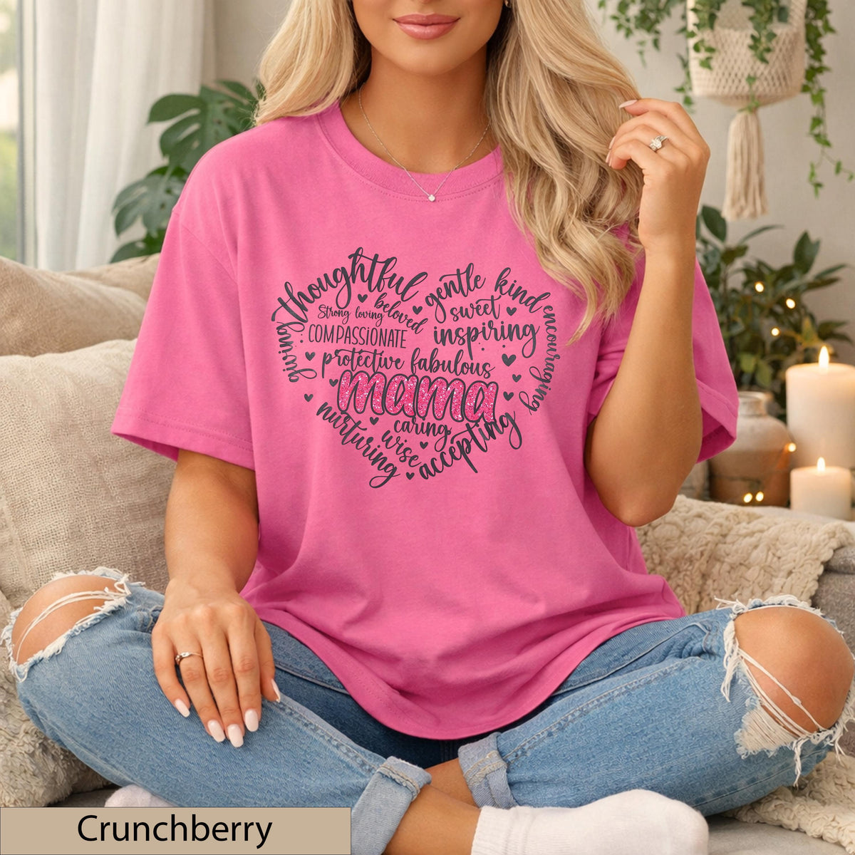 Mama Heart Word Art Shirt, Pink Glitter Typography Tee, Motherhood Comfort Cotton Top