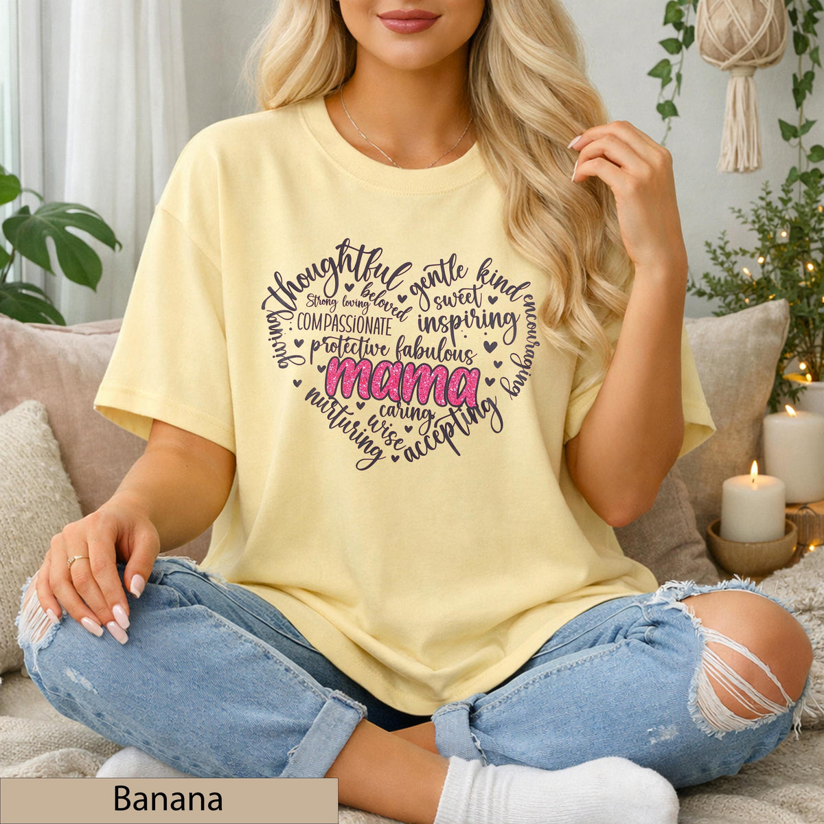 Mama Heart Word Art Shirt, Pink Glitter Typography Tee, Motherhood Comfort Cotton Top