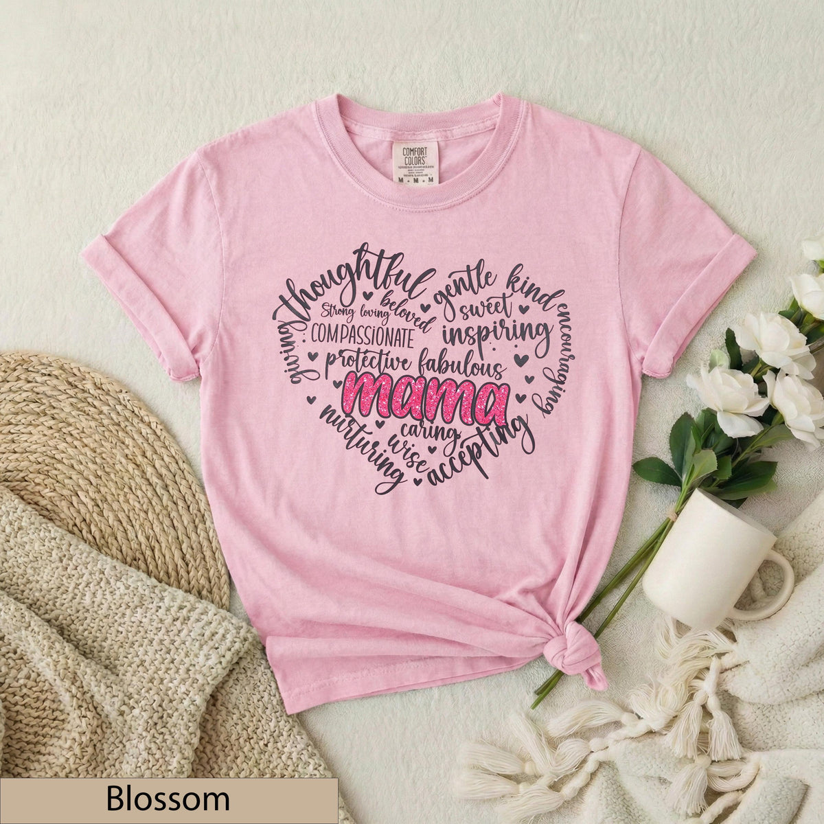 Mama Heart Word Art Shirt, Pink Glitter Typography Tee, Motherhood Comfort Cotton Top