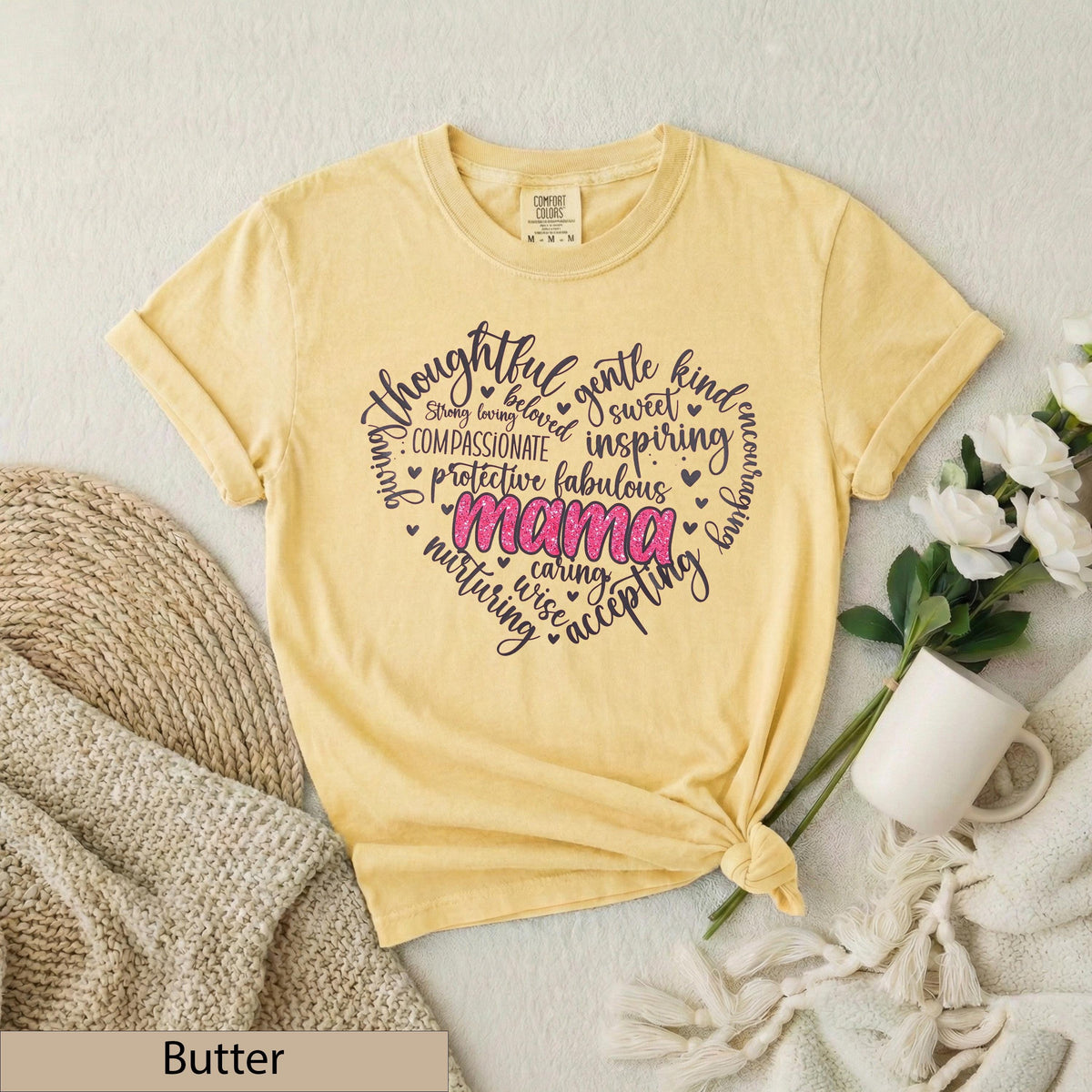 Mama Heart Word Art Shirt, Pink Glitter Typography Tee, Motherhood Comfort Cotton Top