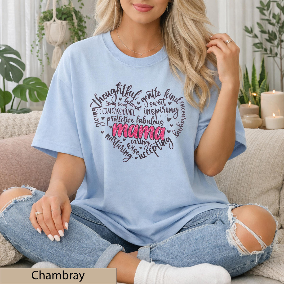 Mama Heart Word Art Shirt, Pink Glitter Typography Tee, Motherhood Comfort Cotton Top