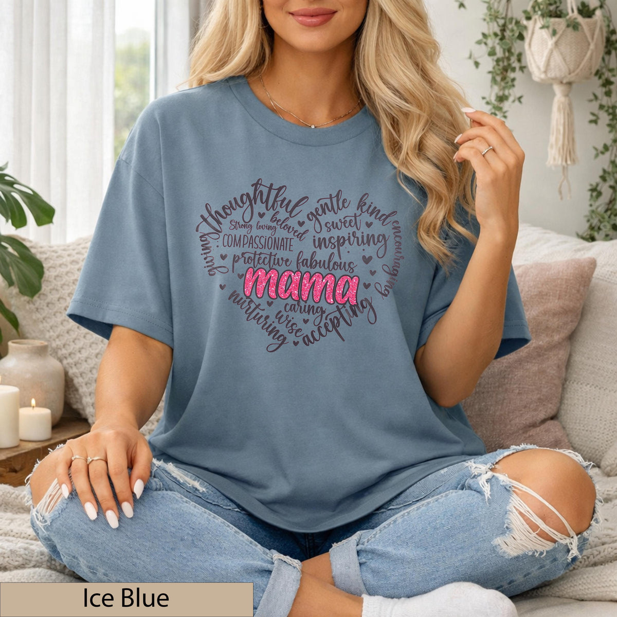 Mama Heart Word Art Shirt, Pink Glitter Typography Tee, Motherhood Comfort Cotton Top