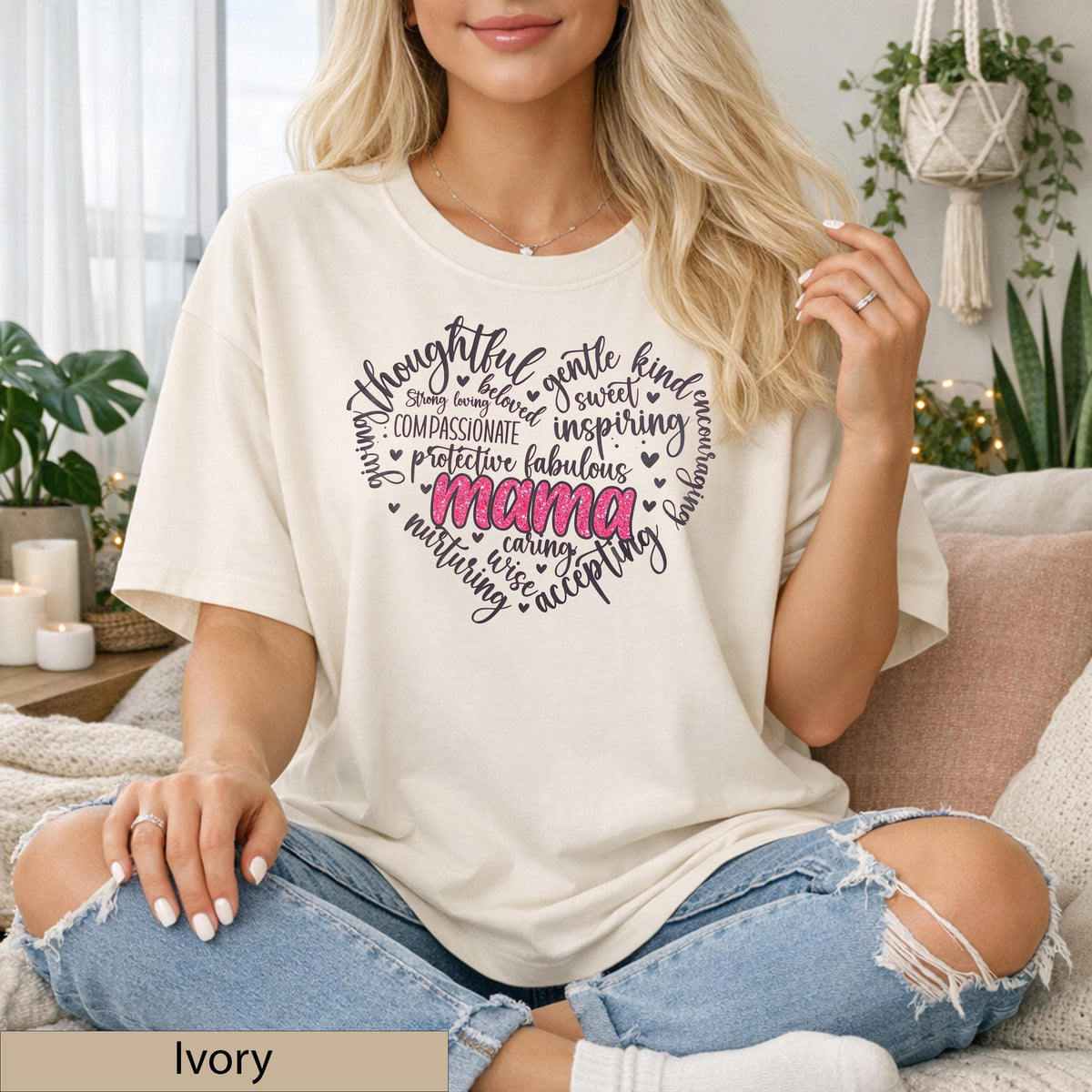 Mama Heart Word Art Shirt, Pink Glitter Typography Tee, Motherhood Comfort Cotton Top