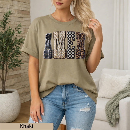Faux Yarn Amen Graphic Tee, Mixed Pattern Religious Faith Top