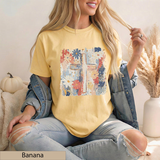 Floral Cross T-Shirt, Watercolor Wildflower Botanical Faith Tee