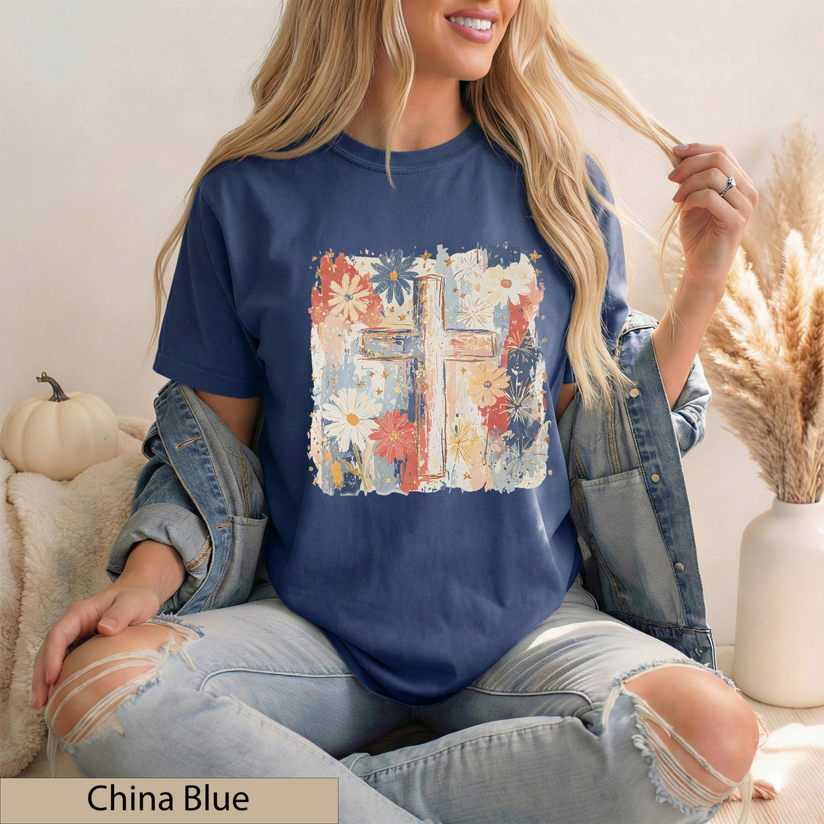 Floral Cross T-Shirt, Watercolor Wildflower Botanical Faith Tee