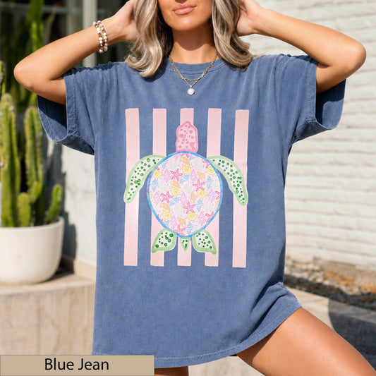 Preppy Coastal Sea Turtle Shirt, Pastel Shell Graphic Tee, Beach Vacation Top
