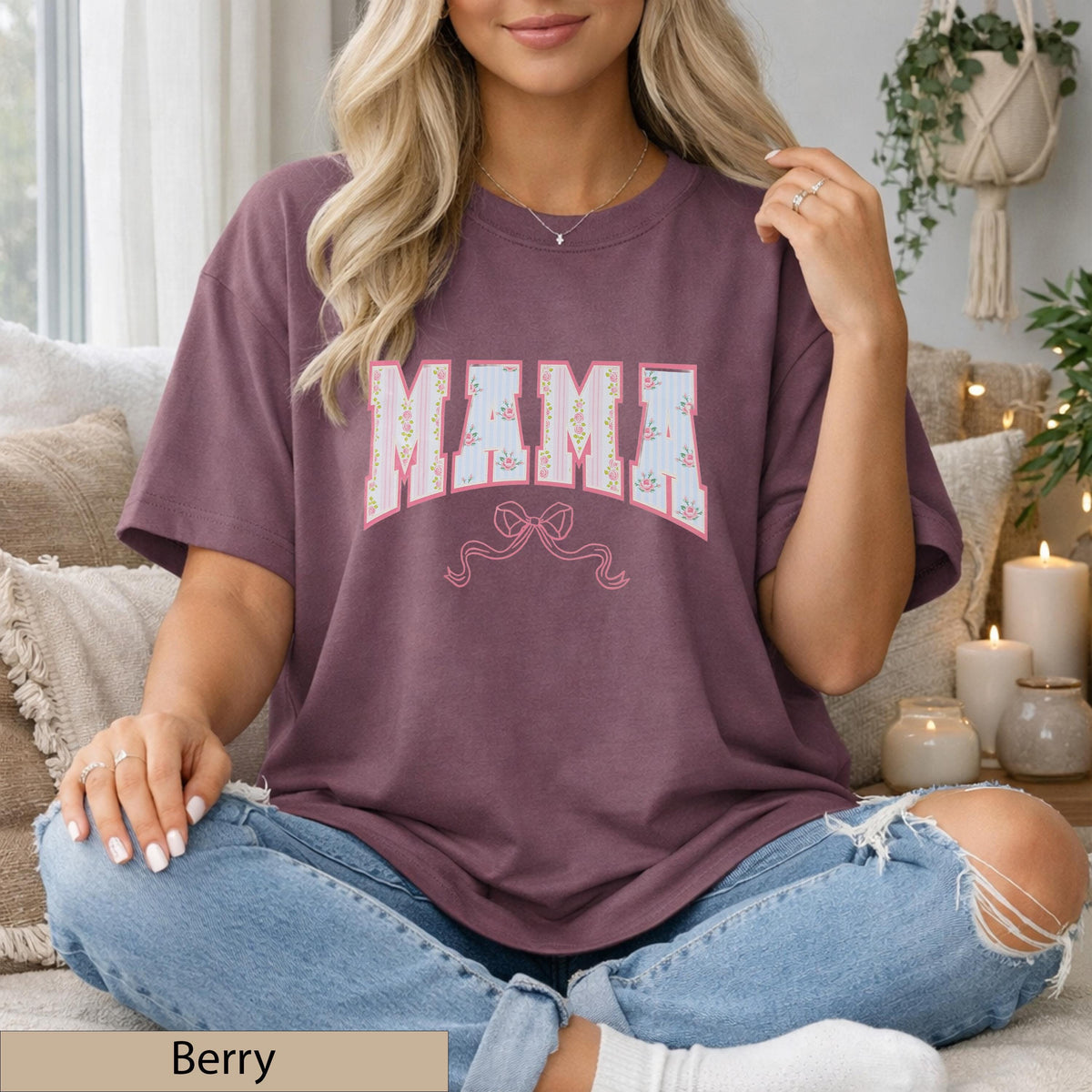 Mama Floral Bow Tee Comfort Colors T-Shirt, Soft Cotton Feminine T-Shirt, Dainty Patterned Top