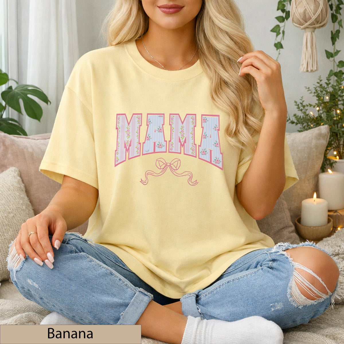 Mama Floral Bow Tee Comfort Colors T-Shirt, Soft Cotton Feminine T-Shirt, Dainty Patterned Top