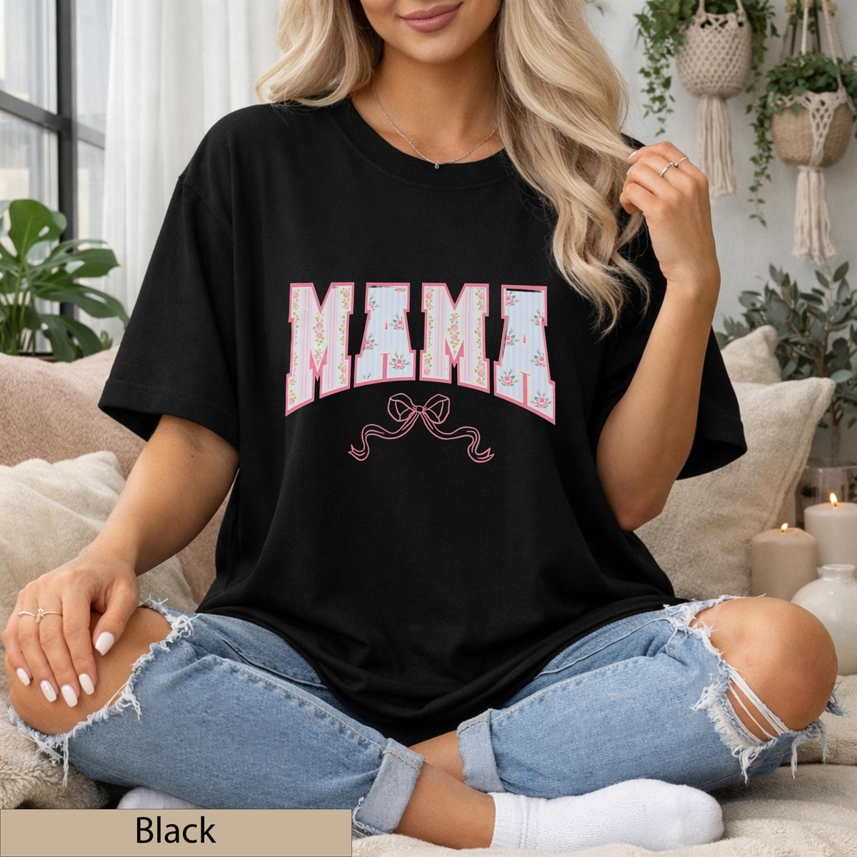 Mama Floral Bow Tee Comfort Colors T-Shirt, Soft Cotton Feminine T-Shirt, Dainty Patterned Top