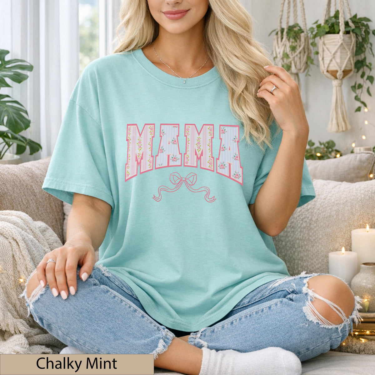 Mama Floral Bow Tee Comfort Colors T-Shirt, Soft Cotton Feminine T-Shirt, Dainty Patterned Top