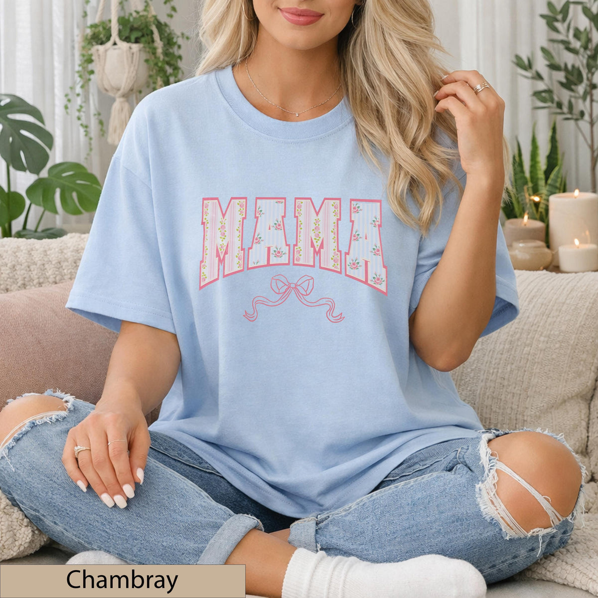 Mama Floral Bow Tee Comfort Colors T-Shirt, Soft Cotton Feminine T-Shirt, Dainty Patterned Top