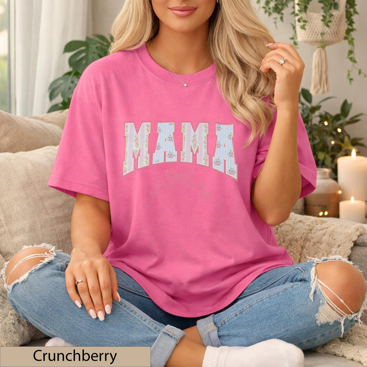 Mama Floral Bow Tee Comfort Colors T-Shirt, Soft Cotton Feminine T-Shirt, Dainty Patterned Top