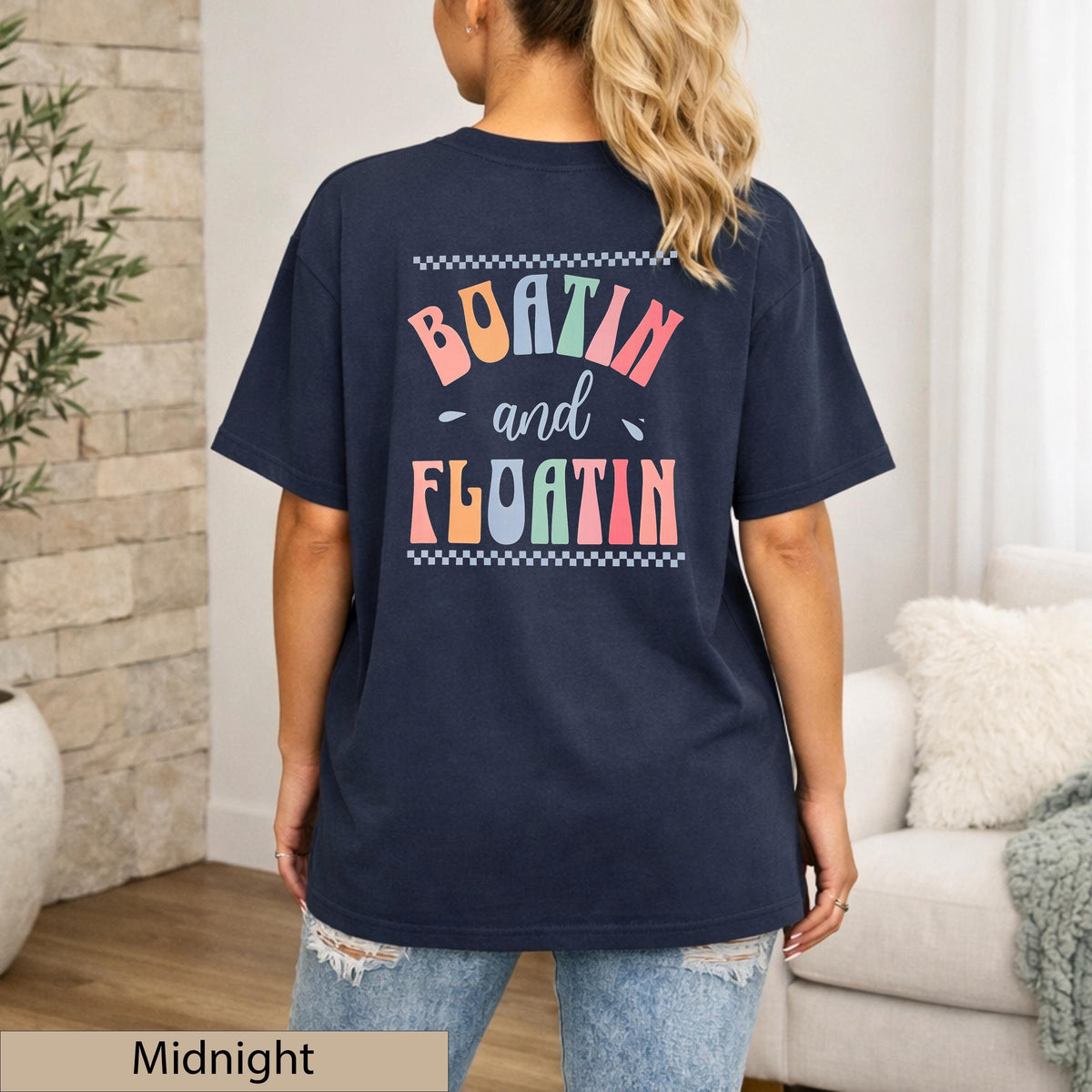 Boatin and Floatin Retro Lake Life T-Shirt, Dual-Graphic Coastal Sunset Top