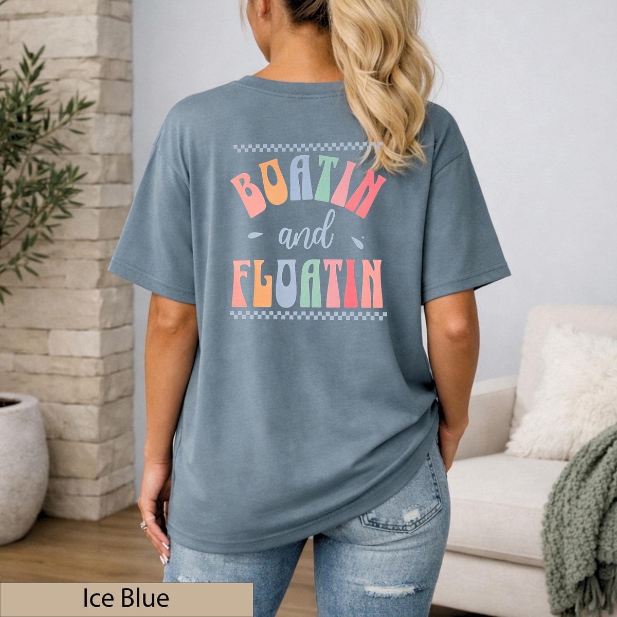 Boatin and Floatin Retro Lake Life T-Shirt, Dual-Graphic Coastal Sunset Top