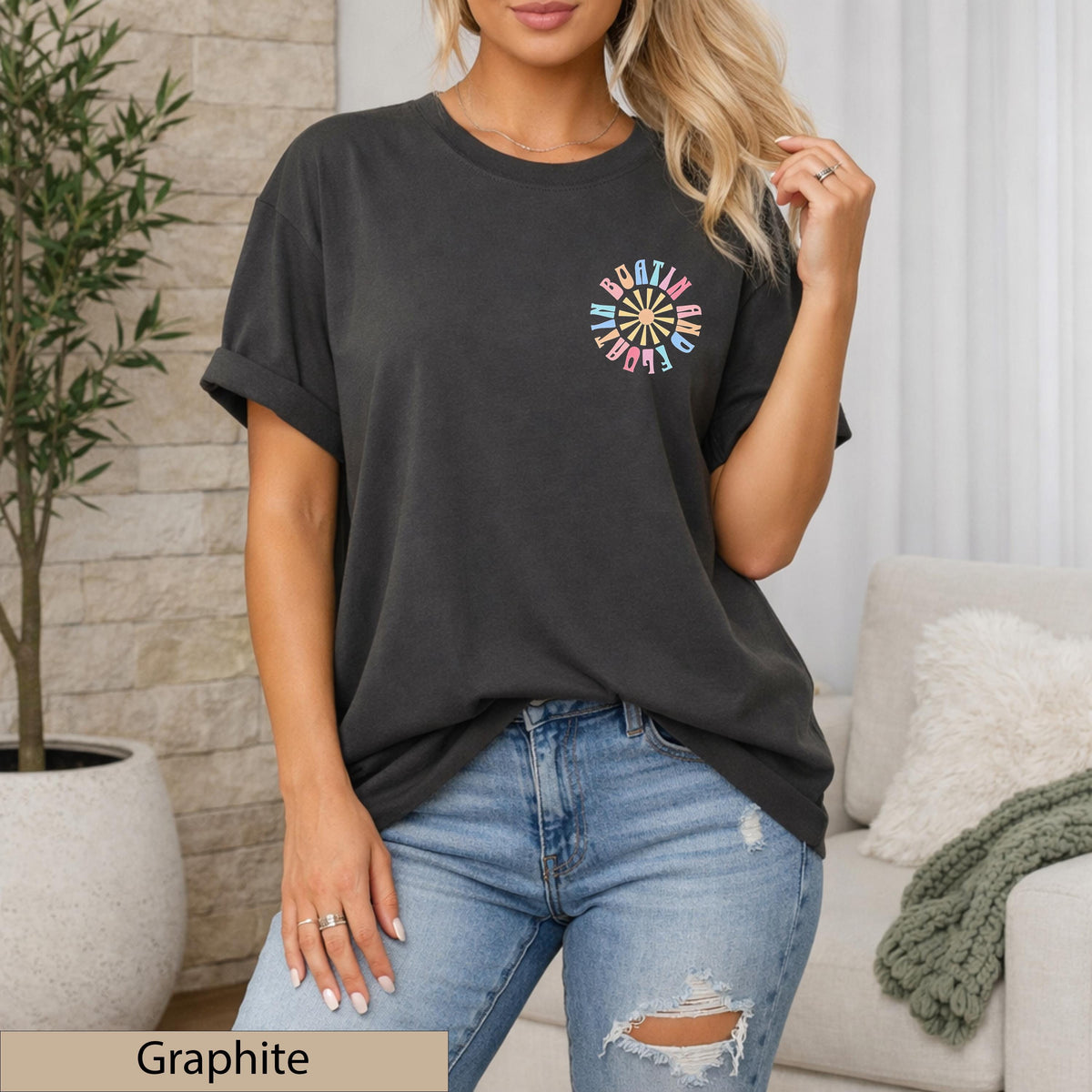 Boatin and Floatin Retro Lake Life T-Shirt, Dual-Graphic Coastal Sunset Top