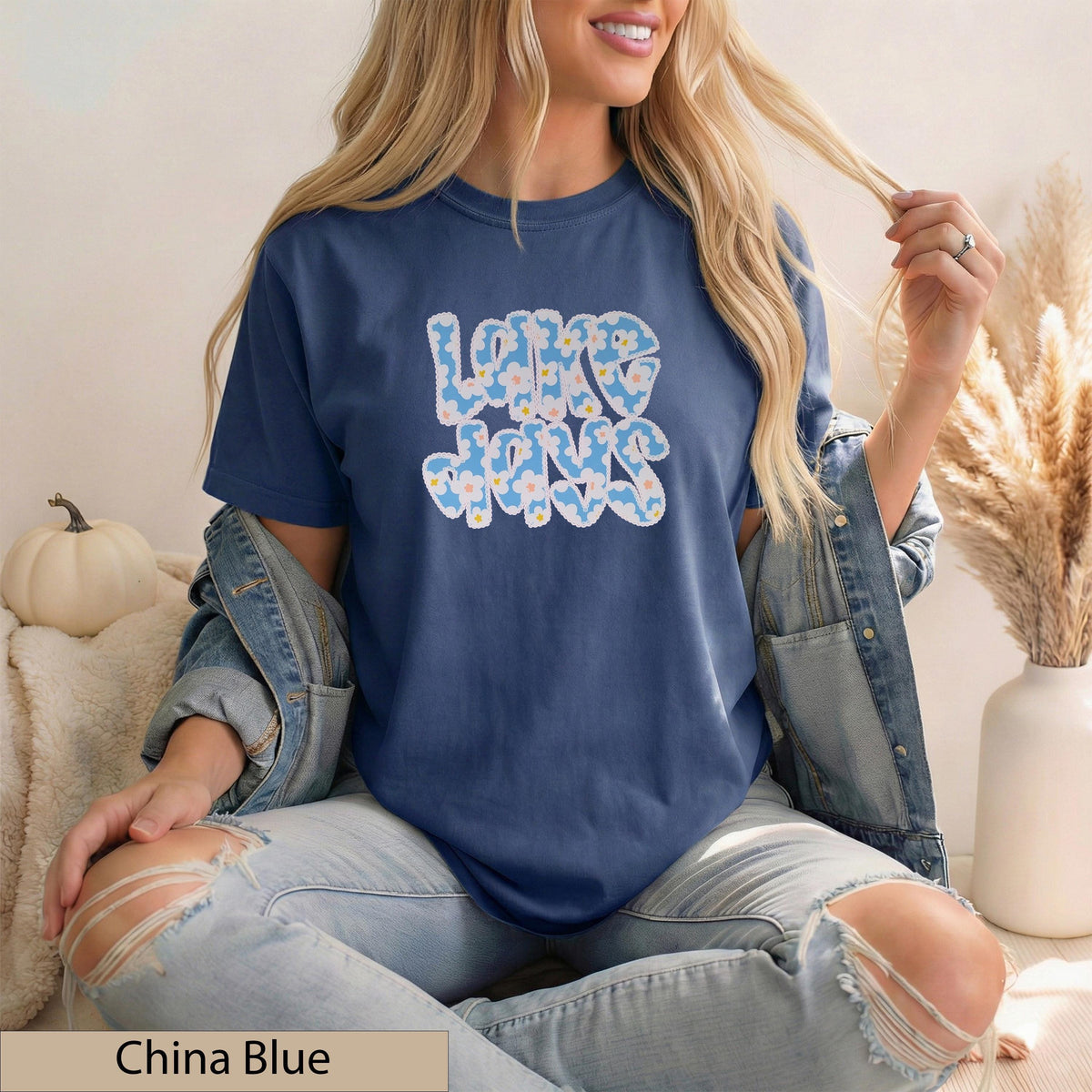 Floral Patch "Lake Days" Tee – Wavy Font Summer Shirt