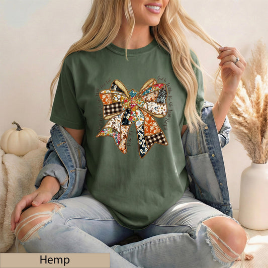 Psalm 46:5 Patchwork Bow Tee, Floral Cross Christian Top
