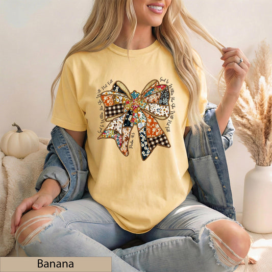 Psalm 46:5 Patchwork Bow Tee, Floral Cross Christian Top