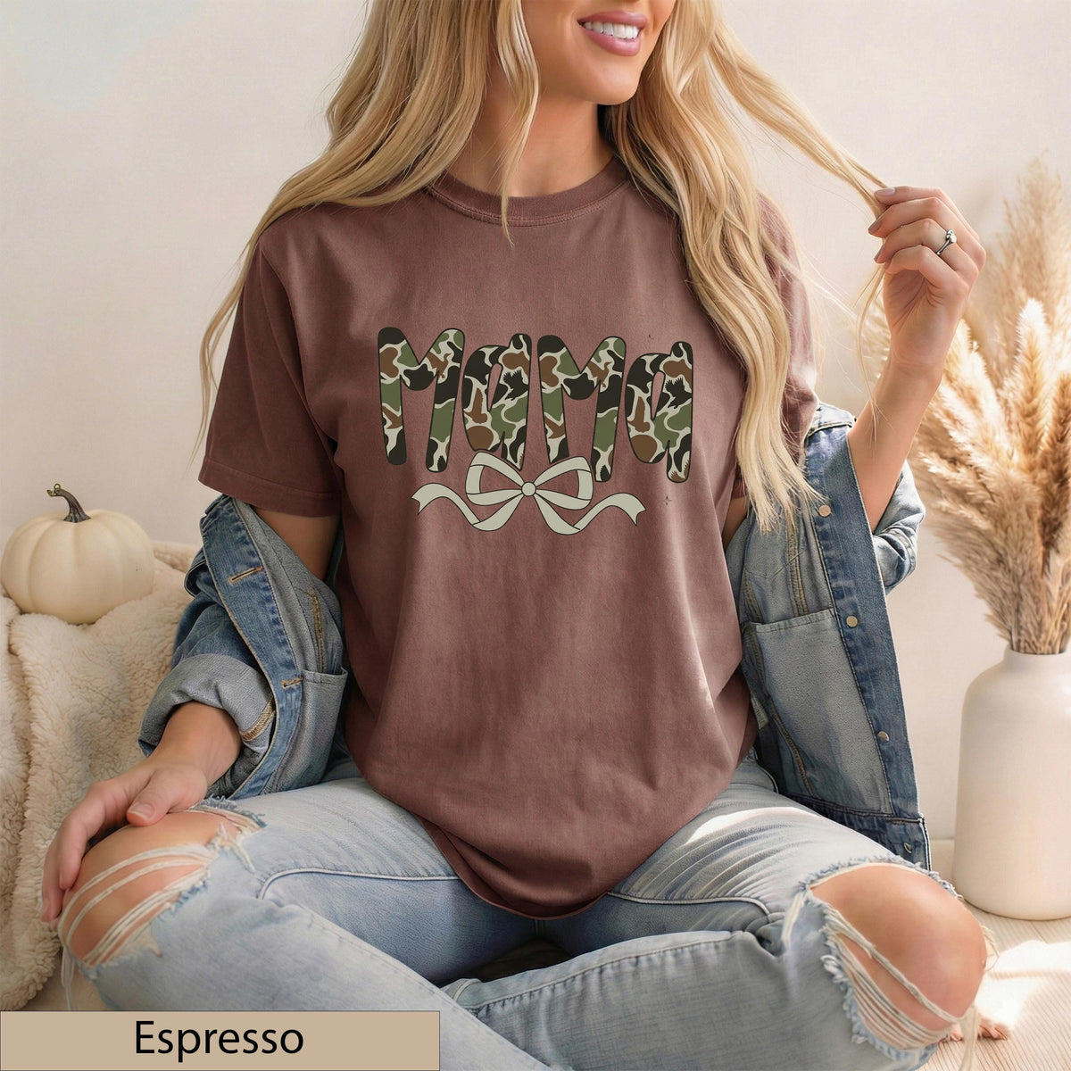 Mama Camo Bow Graphic Tee, Vintage Brown Cotton T-Shirt, Southern Style Top