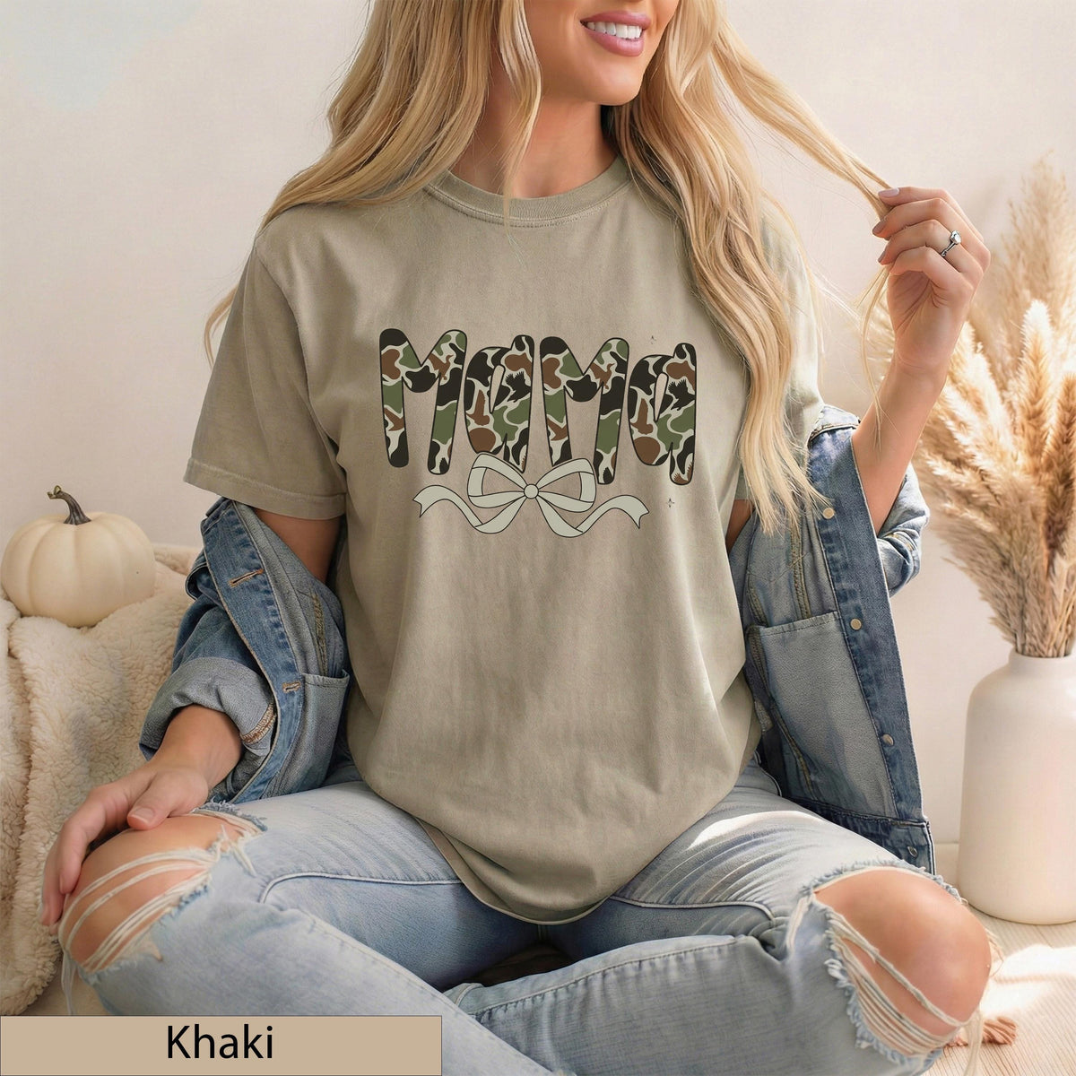Mama Camo Bow Graphic Tee, Vintage Brown Cotton T-Shirt, Southern Style Top