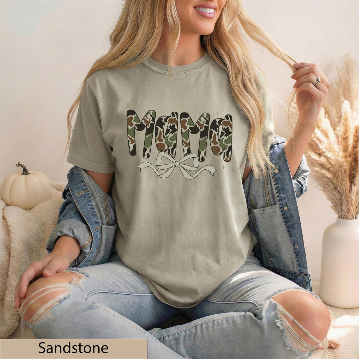 Mama Camo Bow Graphic Tee, Vintage Brown Cotton T-Shirt, Southern Style Top