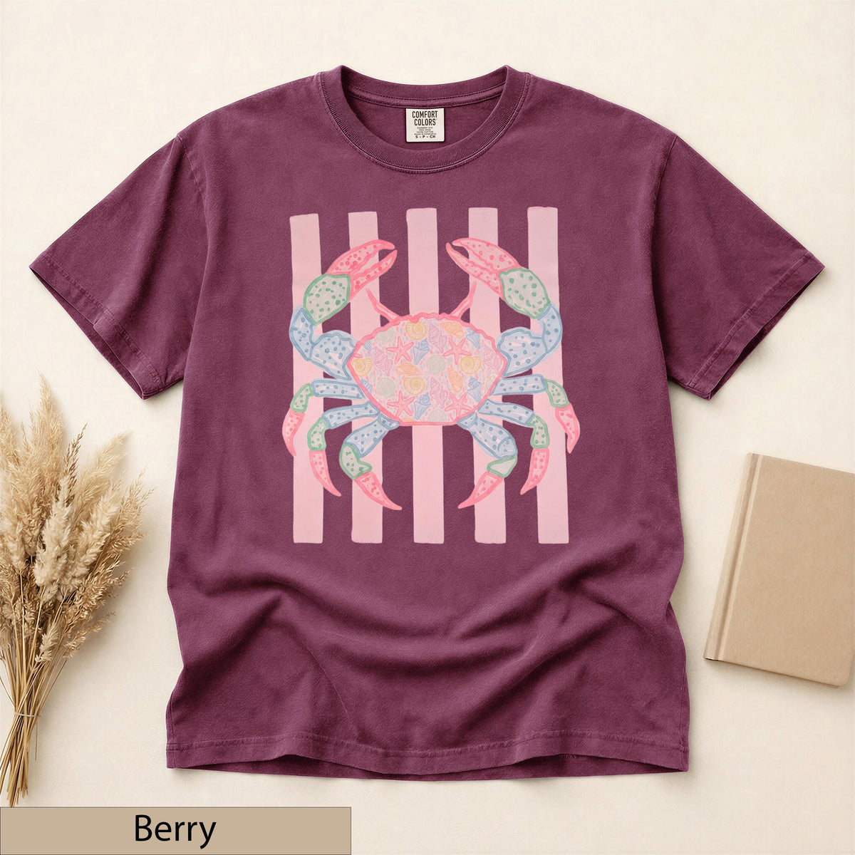 Preppy Coastal Crab Graphic Tee, Shell Starfish Patchwork, Pastel Pink Stripes, Summer Beach Shirt