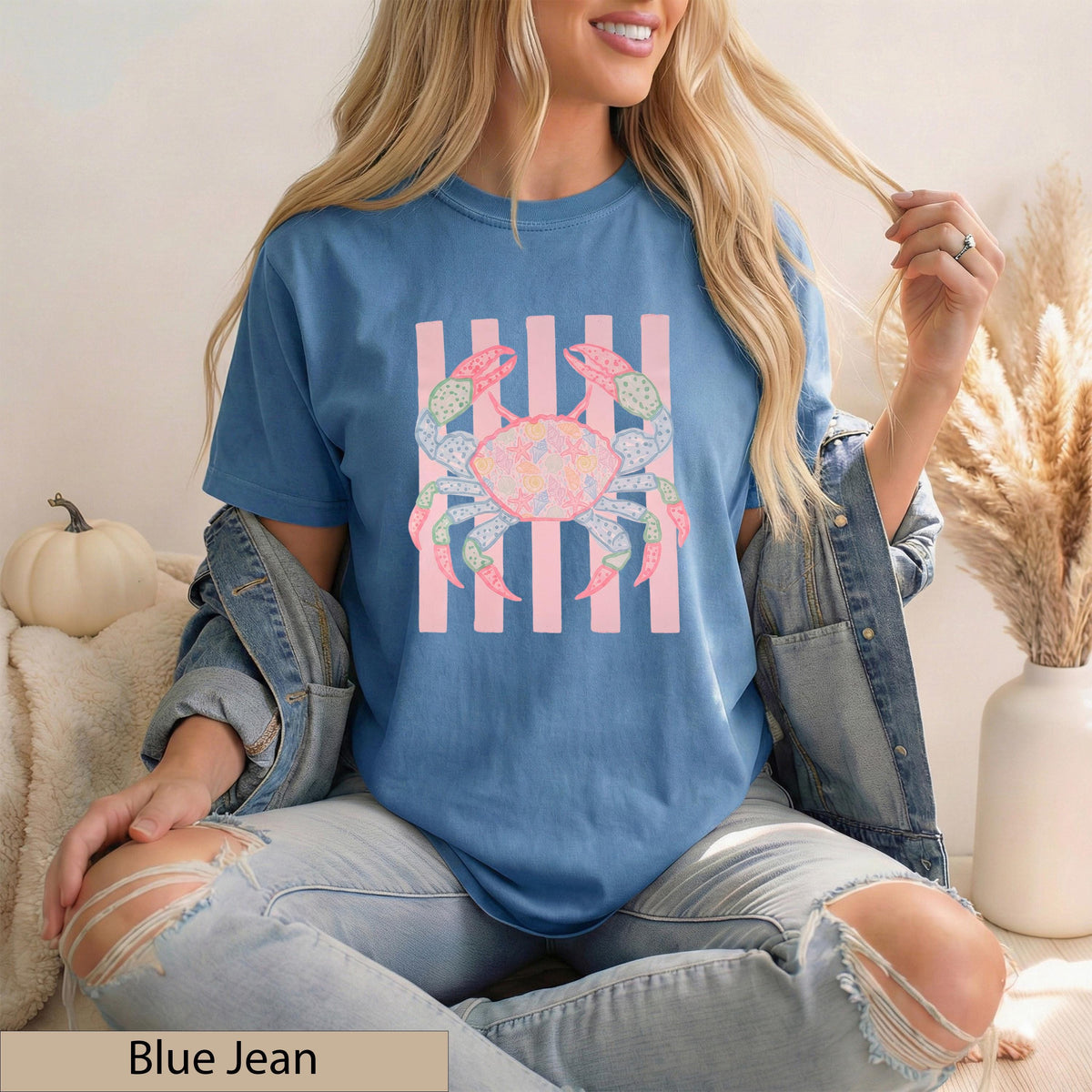 Preppy Coastal Crab Graphic Tee, Shell Starfish Patchwork, Pastel Pink Stripes, Summer Beach Shirt
