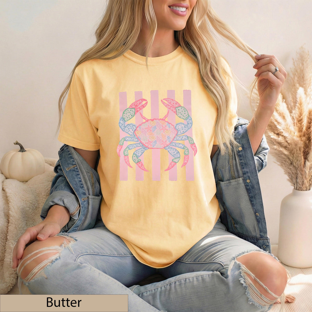 Preppy Coastal Crab Graphic Tee, Shell Starfish Patchwork, Pastel Pink Stripes, Summer Beach Shirt