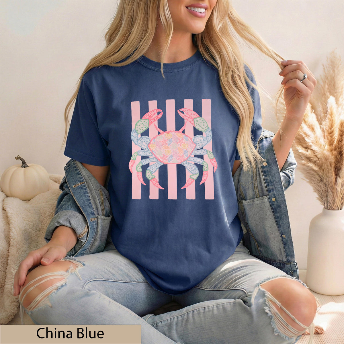 Preppy Coastal Crab Graphic Tee, Shell Starfish Patchwork, Pastel Pink Stripes, Summer Beach Shirt