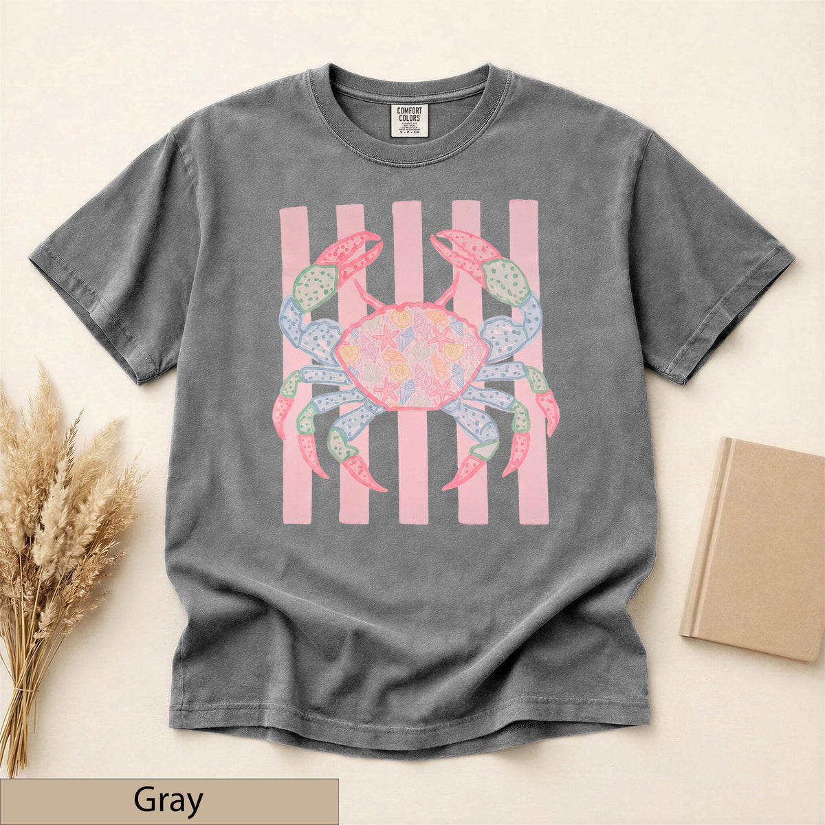 Preppy Coastal Crab Graphic Tee, Shell Starfish Patchwork, Pastel Pink Stripes, Summer Beach Shirt