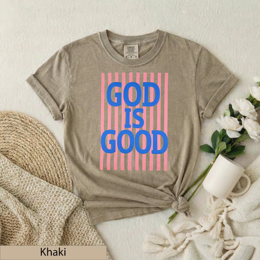 God Is Good Christian Graphic Tee, Pink Blue Vertical Stripes, Faith Apparel