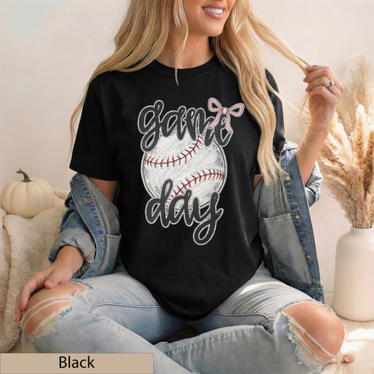Game Day Baseball Tee, Coquette Bow Graphic, 100% Cotton Comfort Colors Shirt