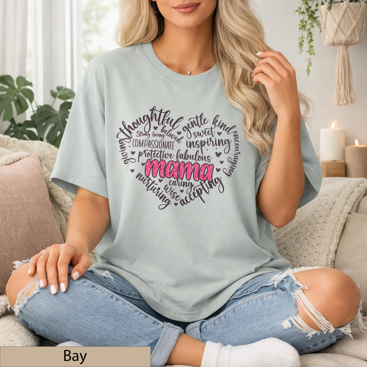 Mama Heart Word Art Shirt, Pink Glitter Typography Tee, Motherhood Comfort Cotton Top