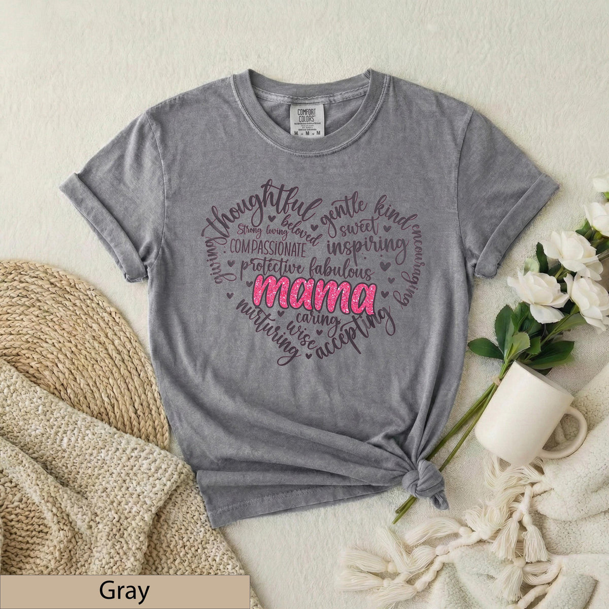 Mama Heart Word Art Shirt, Pink Glitter Typography Tee, Motherhood Comfort Cotton Top