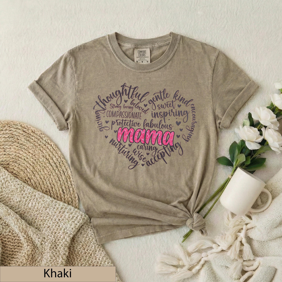 Mama Heart Word Art Shirt, Pink Glitter Typography Tee, Motherhood Comfort Cotton Top