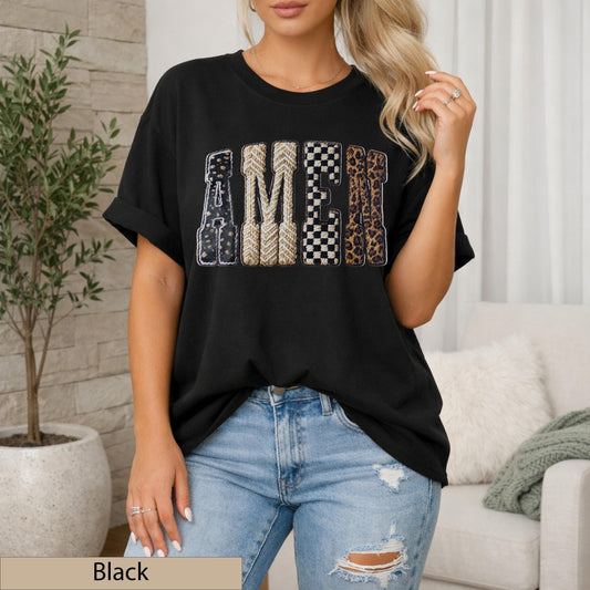 Faux Yarn Amen Graphic Tee, Mixed Pattern Religious Faith Top