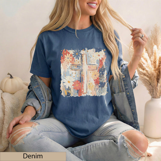 Floral Cross T-Shirt, Watercolor Wildflower Botanical Faith Tee