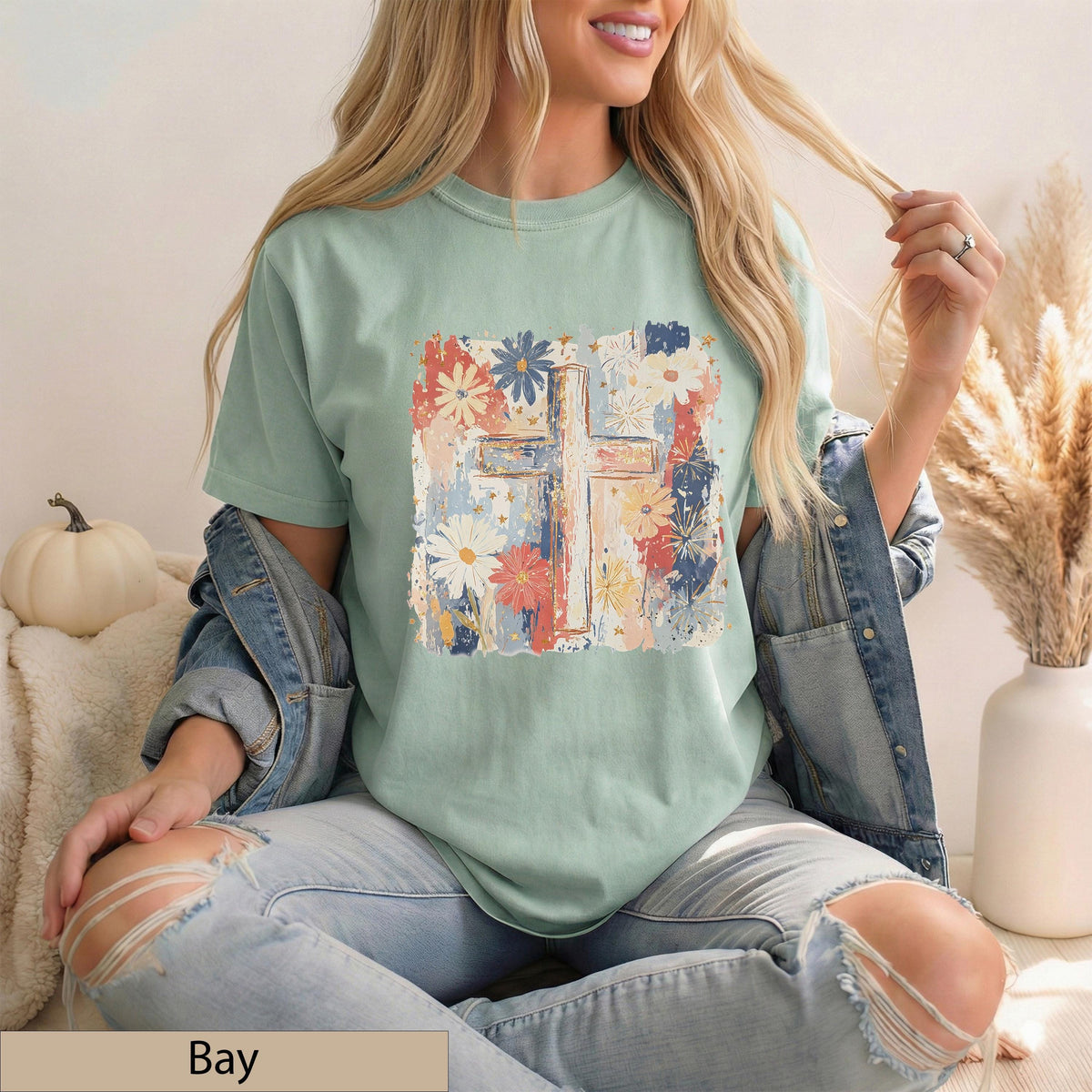 Floral Cross T-Shirt, Watercolor Wildflower Botanical Faith Tee