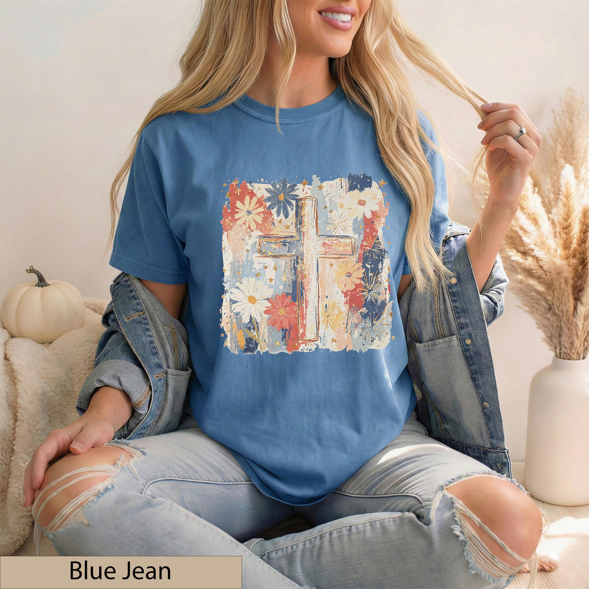 Floral Cross T-Shirt, Watercolor Wildflower Botanical Faith Tee