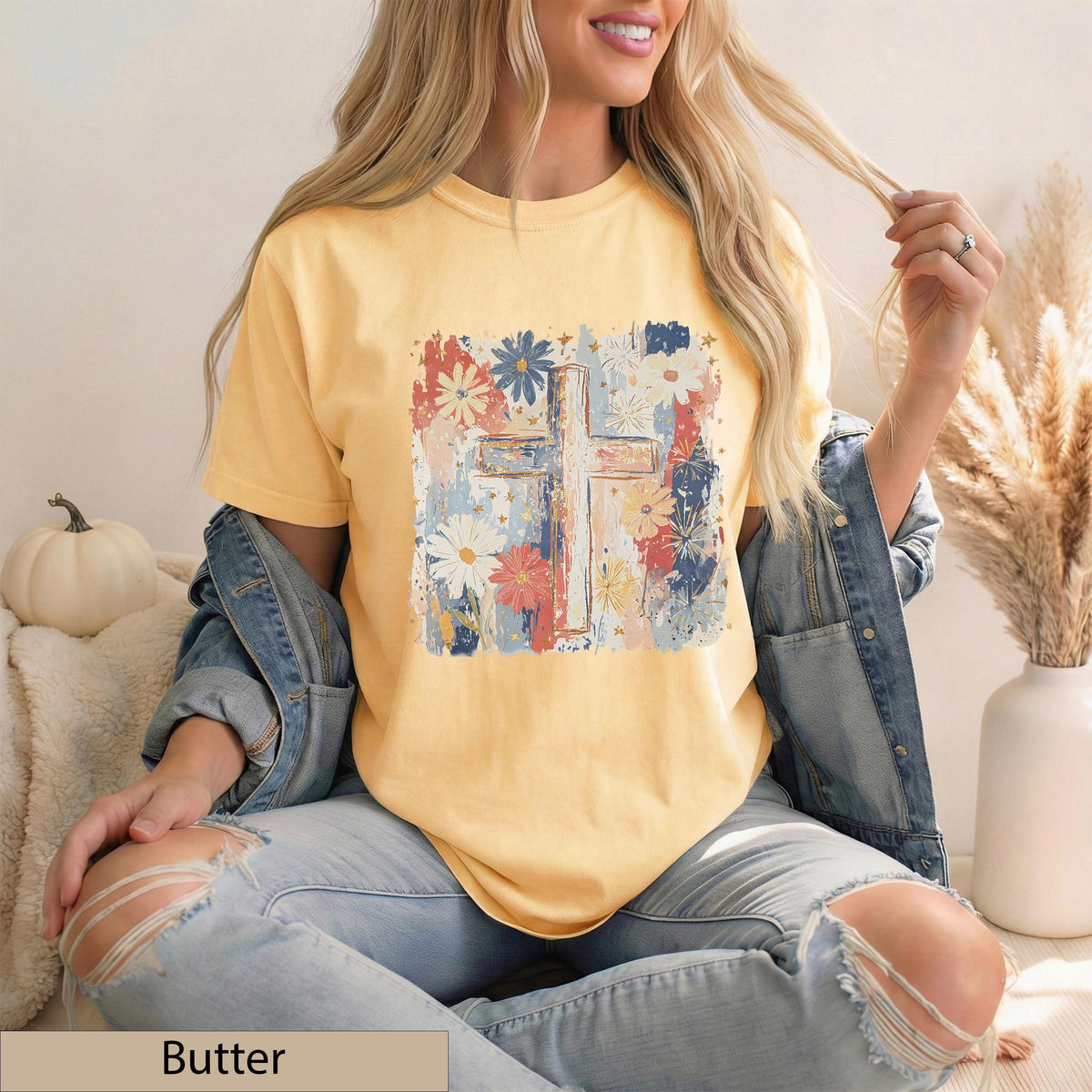 Floral Cross T-Shirt, Watercolor Wildflower Botanical Faith Tee