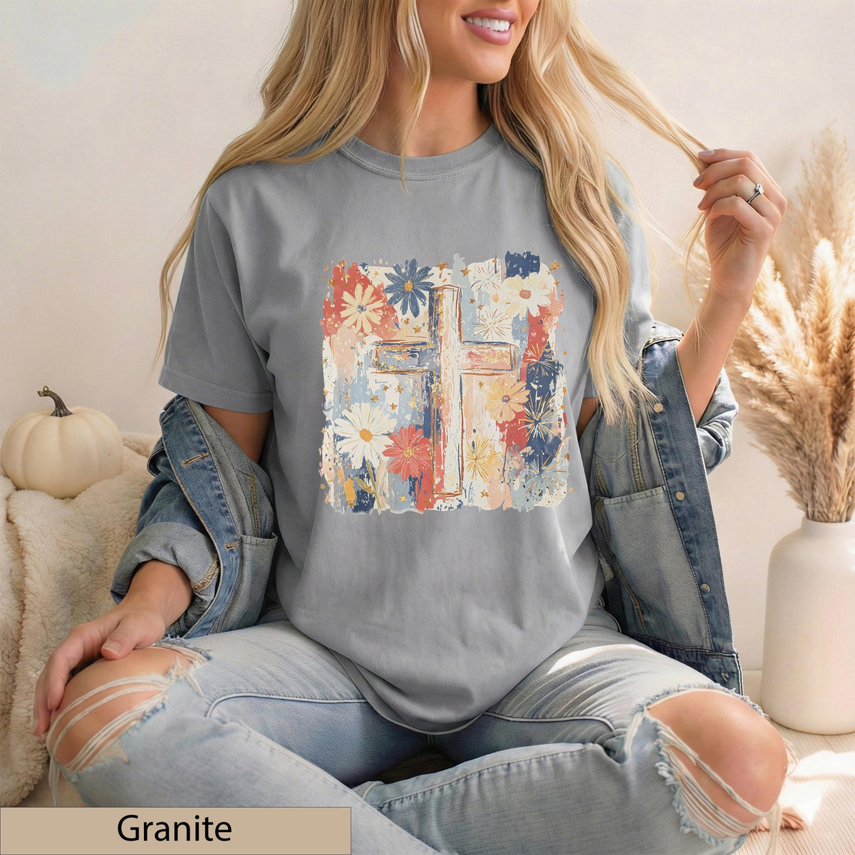 Floral Cross T-Shirt, Watercolor Wildflower Botanical Faith Tee