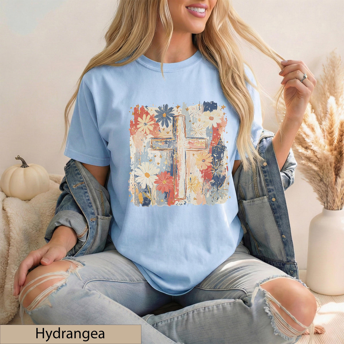 Floral Cross T-Shirt, Watercolor Wildflower Botanical Faith Tee